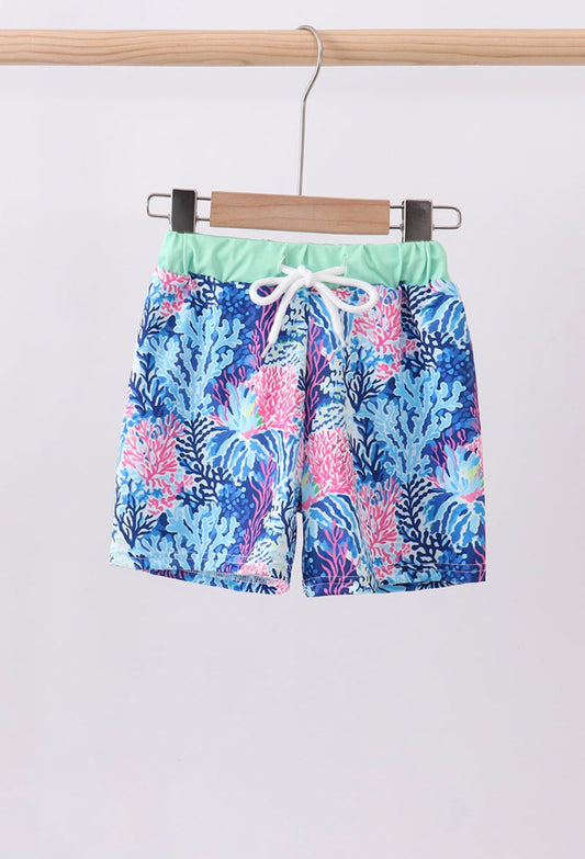 Blue marine creature print swim trunks