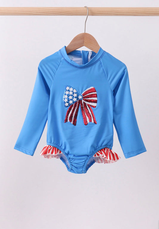 Red, white, blue bow sequin 1pc swimsuit