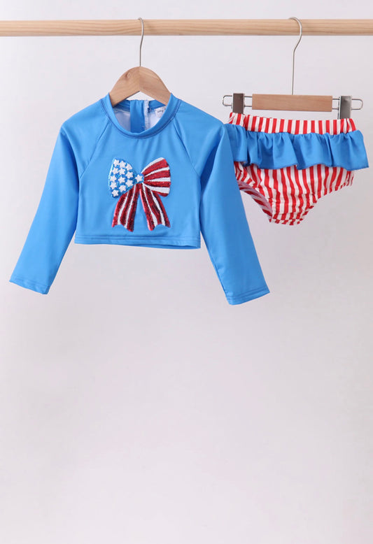 Red, white, blue sequin bow ruffle 2pc swimsuit