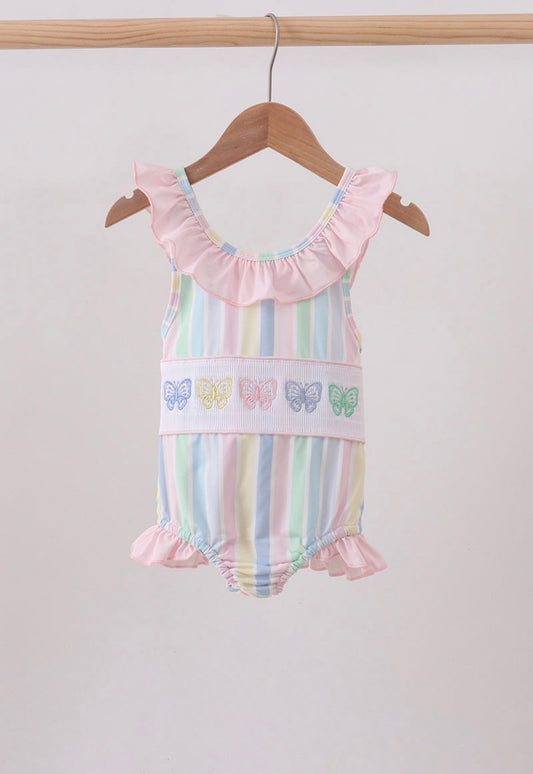 Rainbow stripe butterfly smocked ruffle 1pc swimsuit