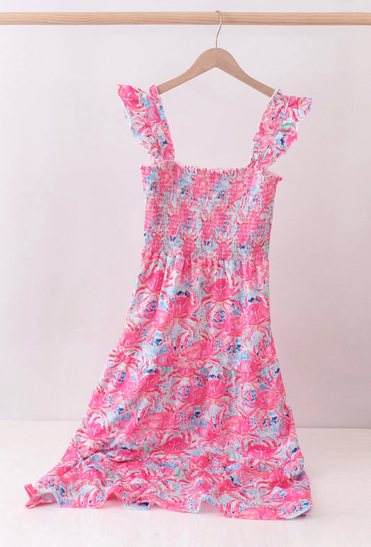 Pink crab smocked ruffle dress