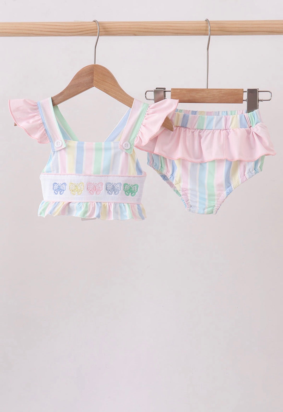 Rainbow stripe smocked butterfly ruffle 2pc swimsuit