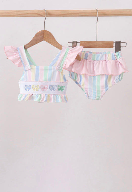 Rainbow stripe smocked butterfly ruffle 2pc swimsuit