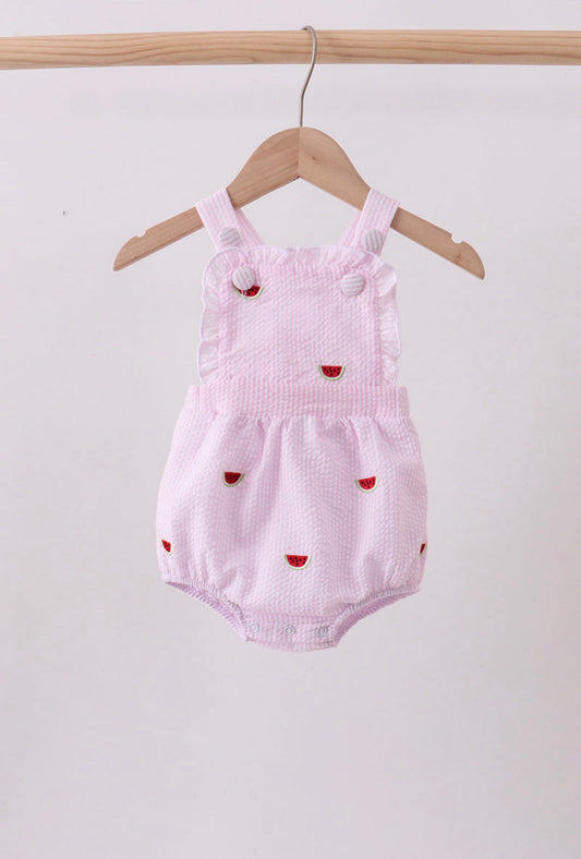Pink stripe watermelon embroidery seersucker bubble