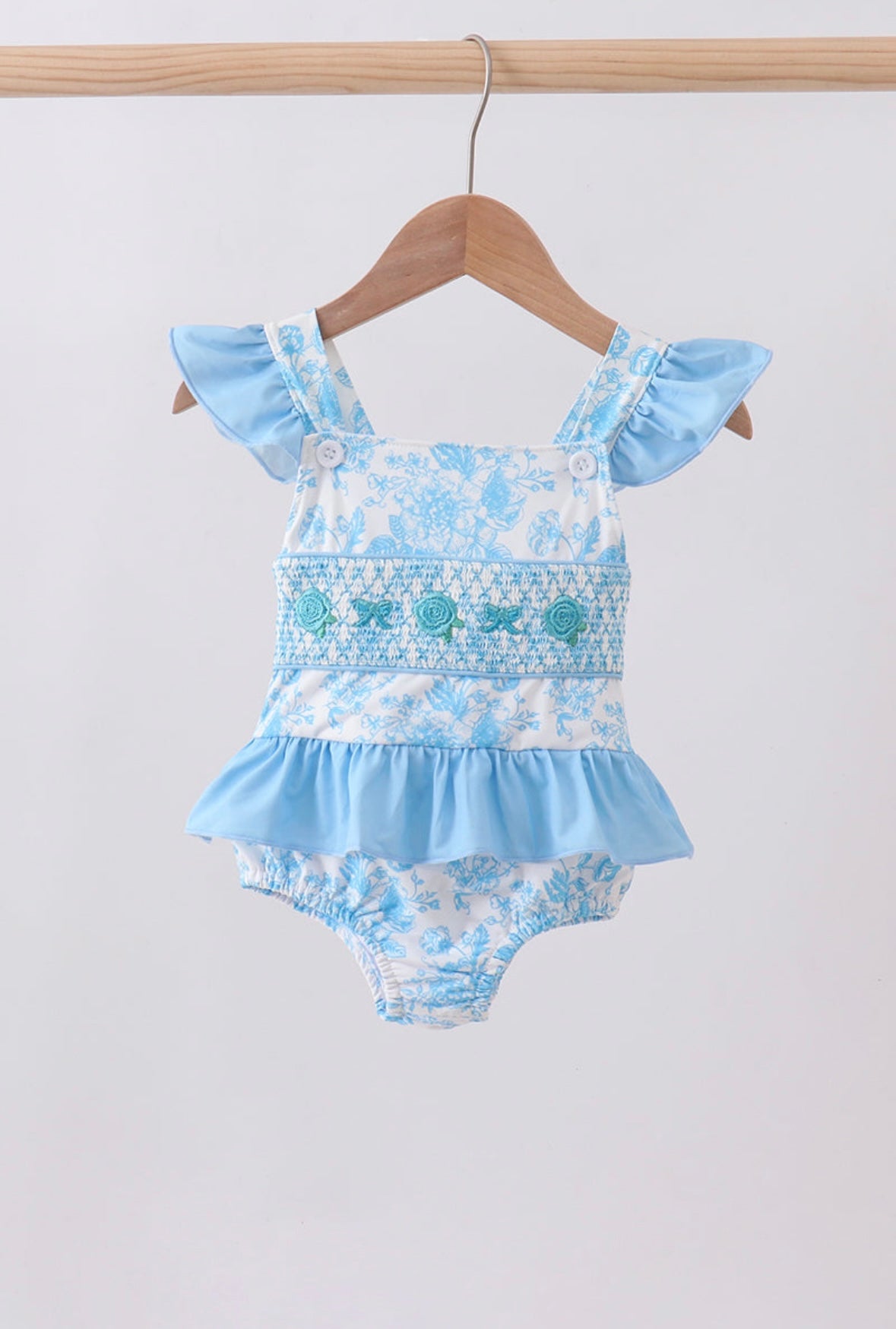 Blue rose smocked ruffle 1pc swimsuit