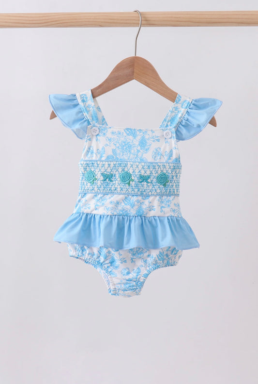 Blue rose smocked ruffle 1pc swimsuit