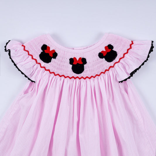 Red character hand smocked plaid ruffle dress