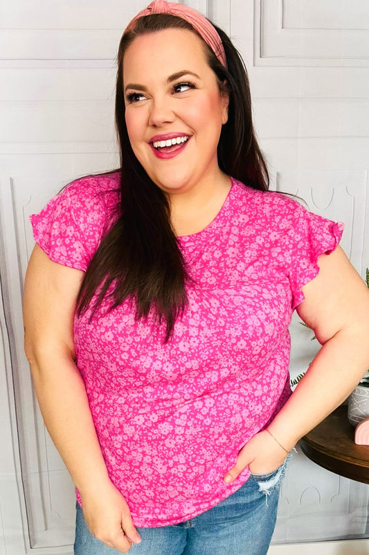 Look Of Love Fuchsia Floral Yoke Ruffle Short Sleeve Top