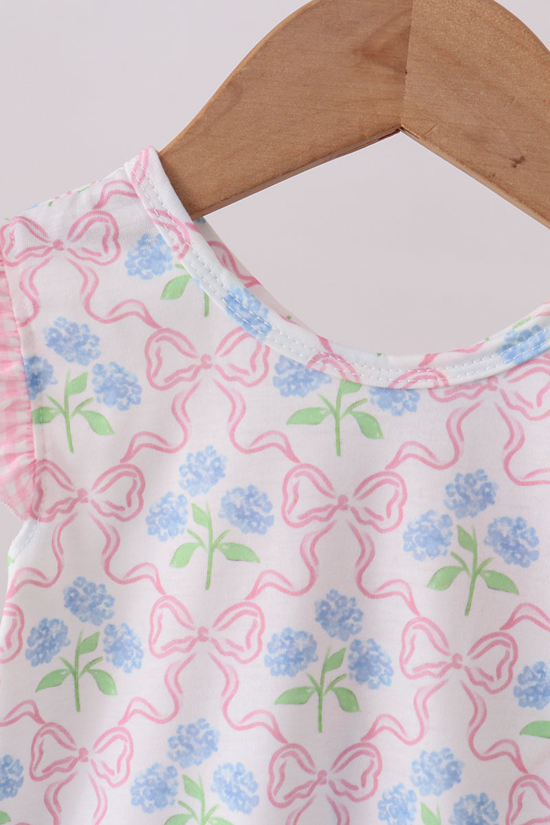 Pink hydrangea bow print ruffle bloomer set