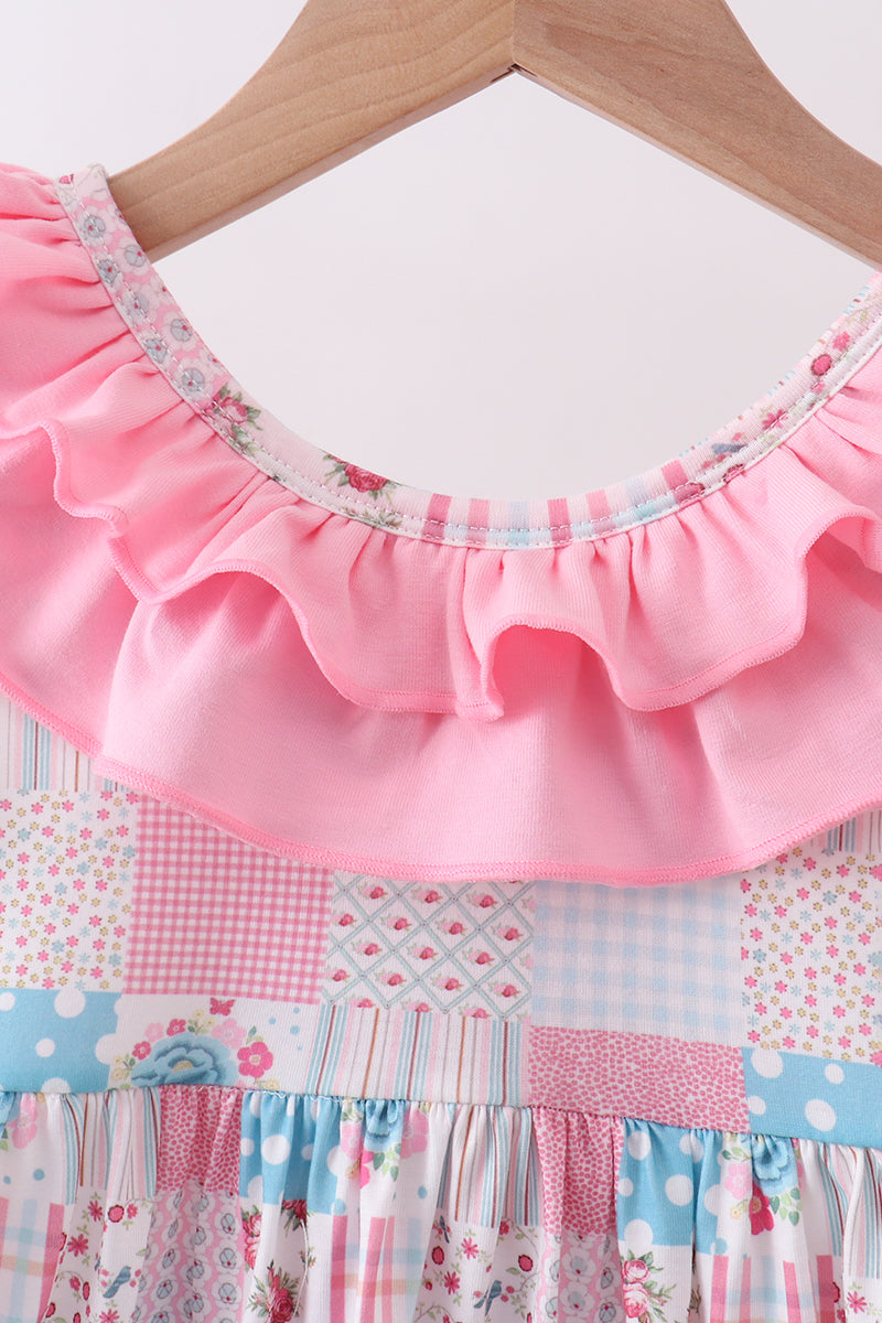 Pink patchwork floral ruffle dress