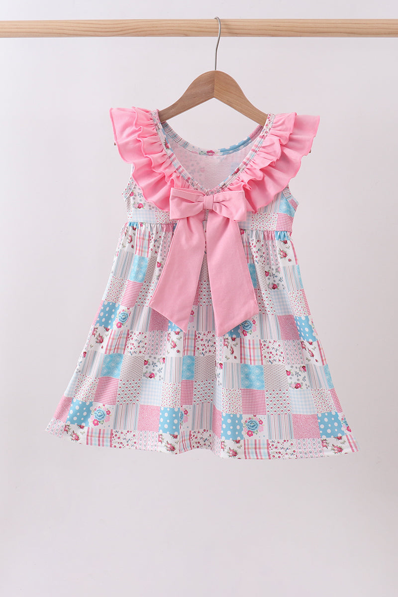Pink patchwork floral ruffle dress