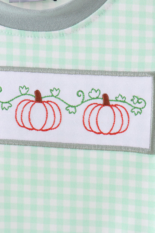 Green Pumpkin Embroidery Gingham Bubble