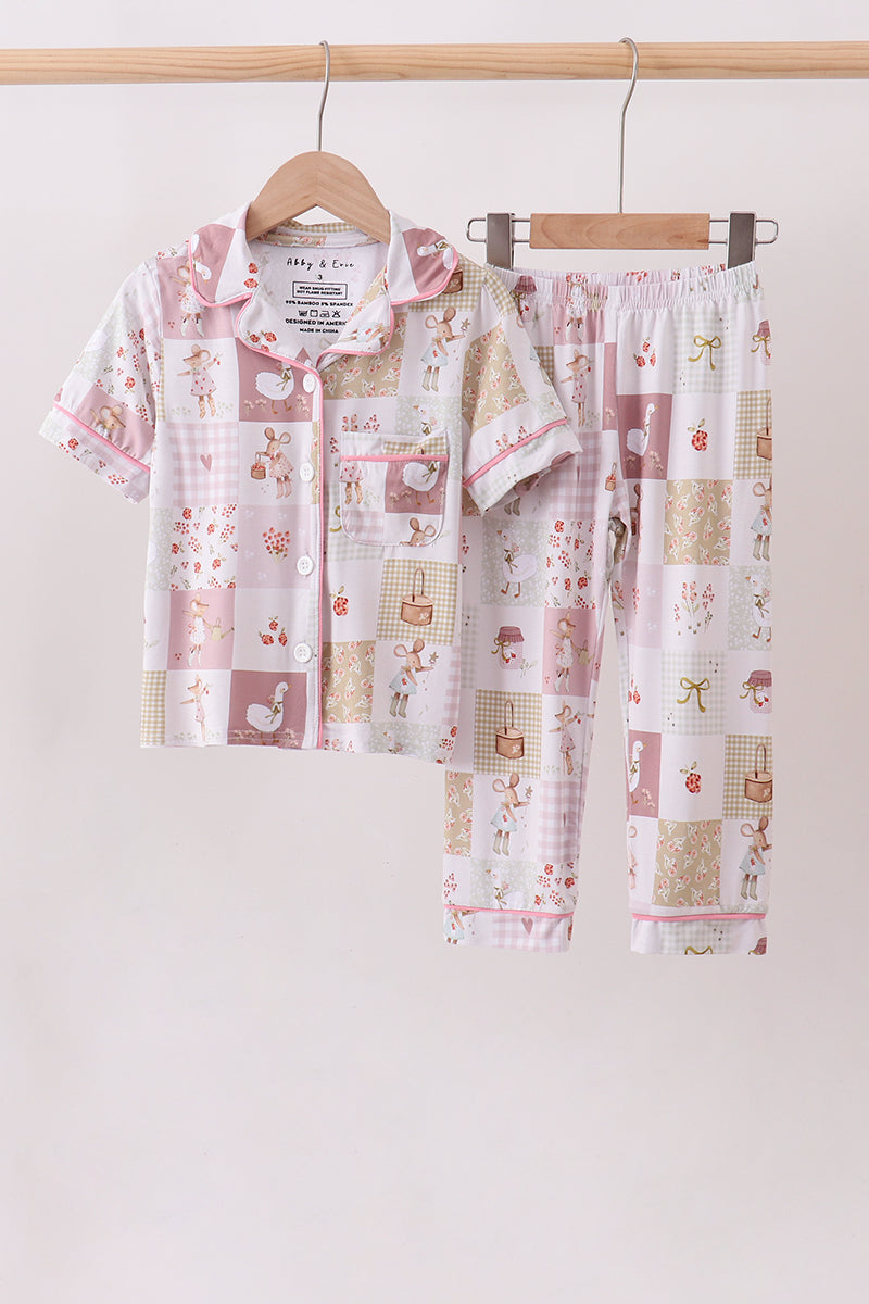 Pink Goose Bow Checkered Bamboo Pajama Set