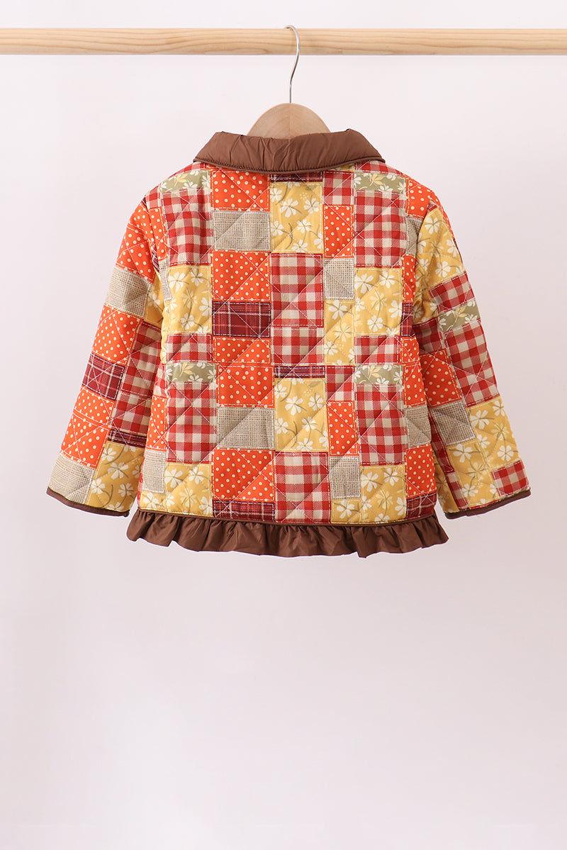 Brown Patchwork Floral Ruffle Jacket