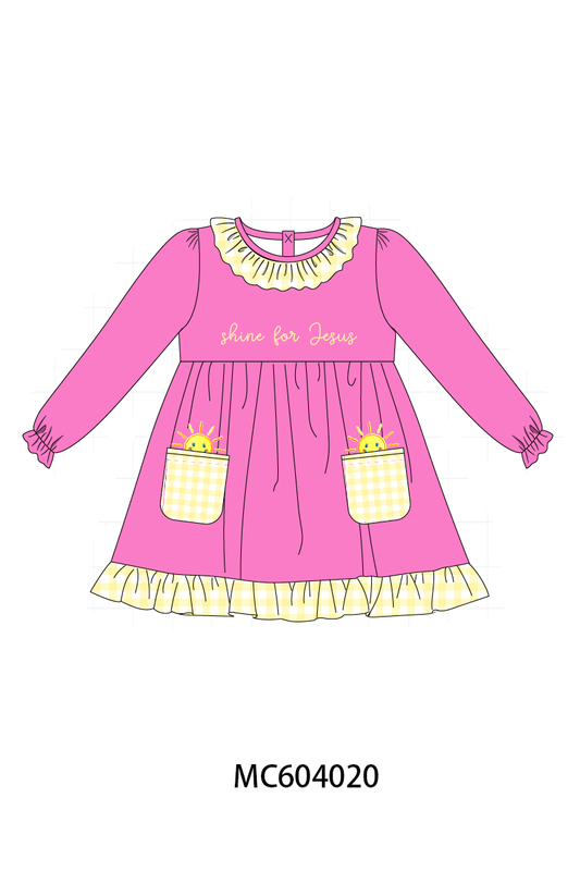 Pink shine for jesus embroidery pocket ruffle dress