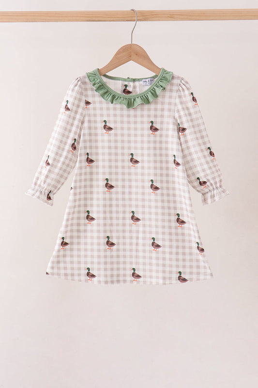 Green Duck Embroidery Gingham Dress