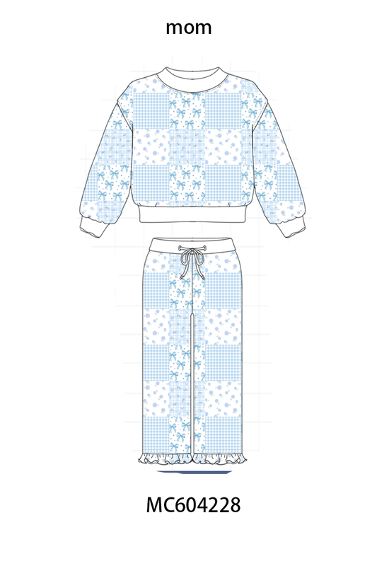 Blue floral bow checkered mom&me pants set