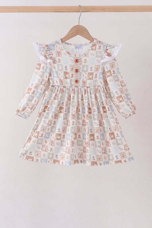 Khaki farm checkered ruffle dress
