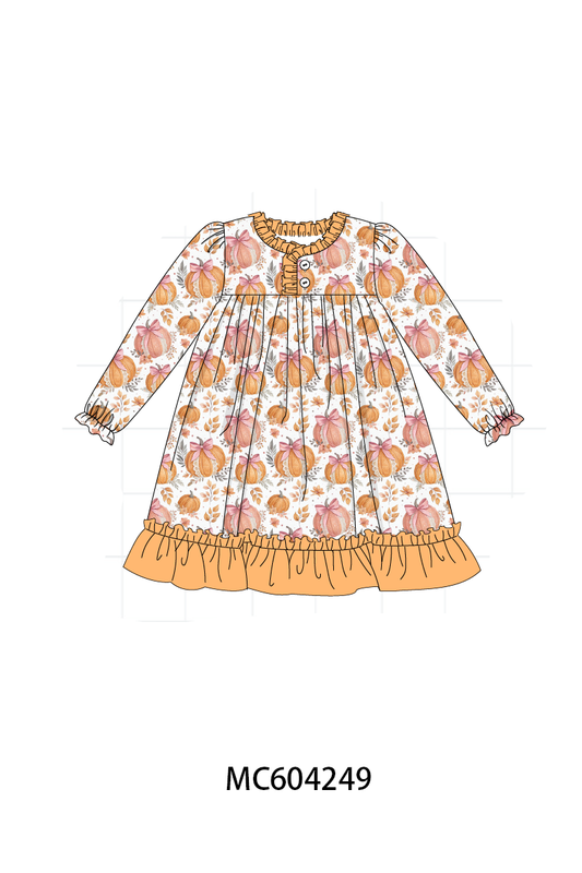Orange Pumpkin Print Ruffle Dress