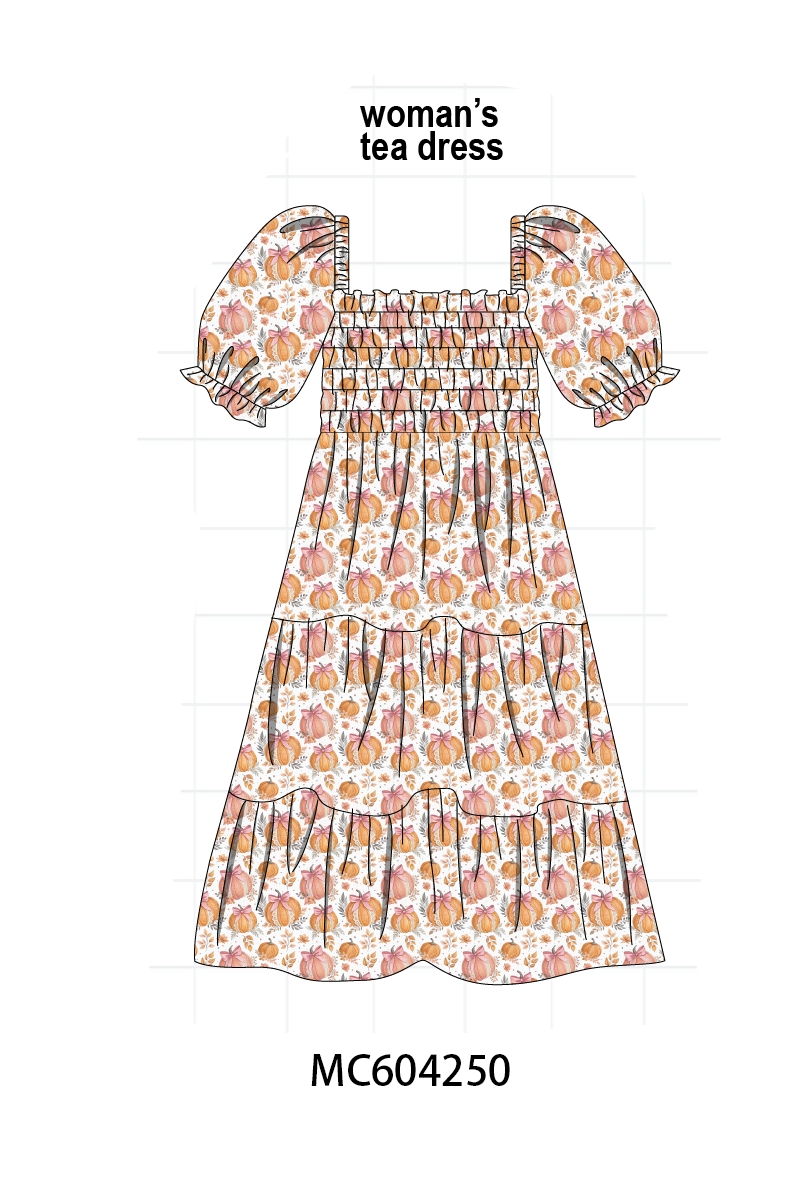 Orange Pumpkin Print Smocked Mom Dress