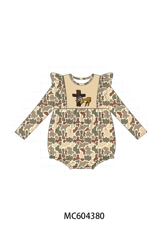 Khaki camoufalge cross deer embroidery ruffle bubble