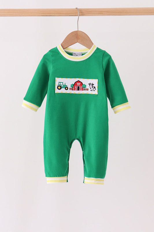Green Farm Cow Embroidery Romper