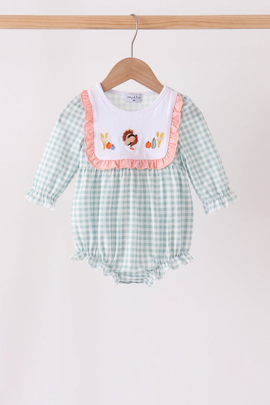 Sage Turkey Embroidery Ruffle Gingham Bubble