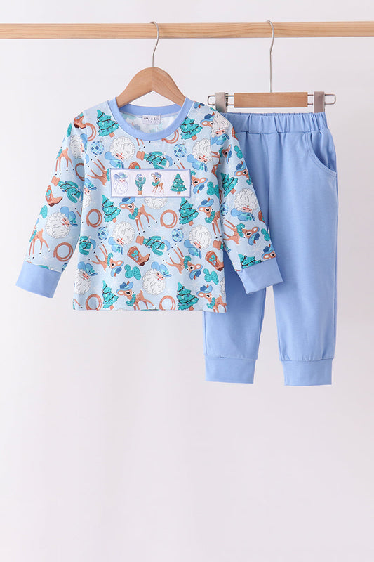 Blue Cowboy Santa Embroidery Pants Set