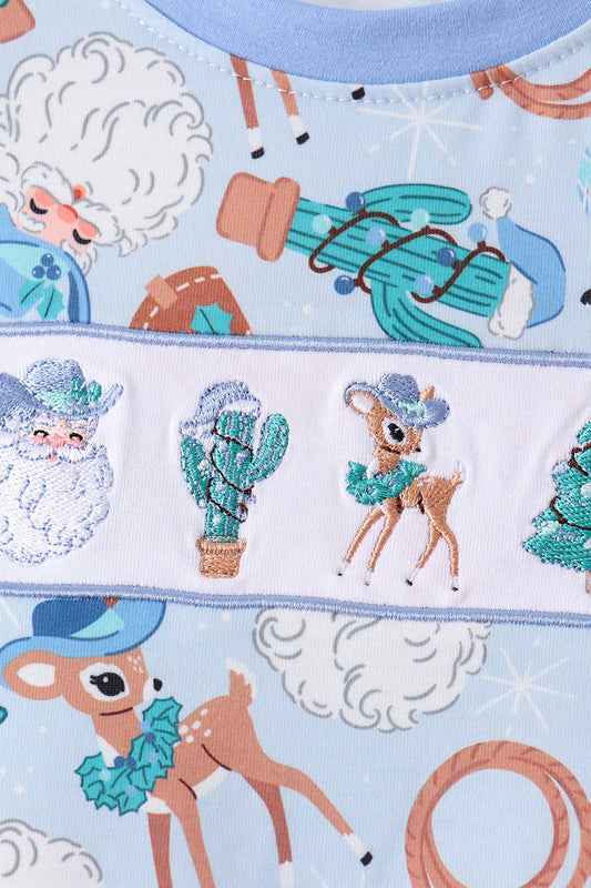 Blue Cowboy Santa Embroidery Pants Set