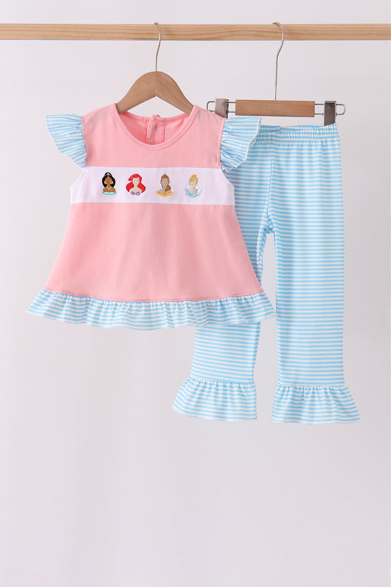 Pink Princess Embroidery Stripe Ruffle Pants Set