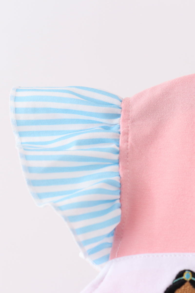 Pink Princess Embroidery Stripe Ruffle Pants Set